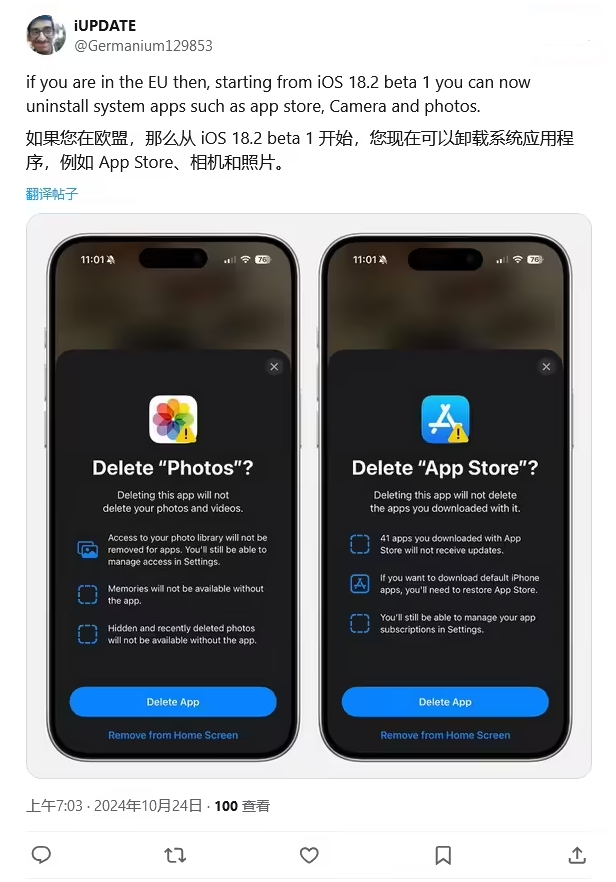 大朗镇苹果手机维修分享iOS 18.2 支持删除 App Store 应用商店 