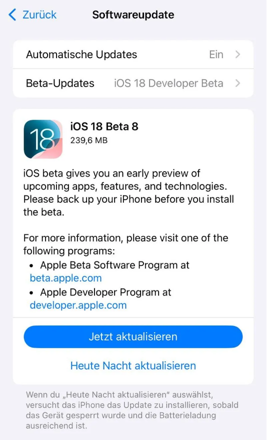 大朗镇苹果手机维修分享苹果 iOS / iPadOS 18 开发者预览版 Beta 8 发布 